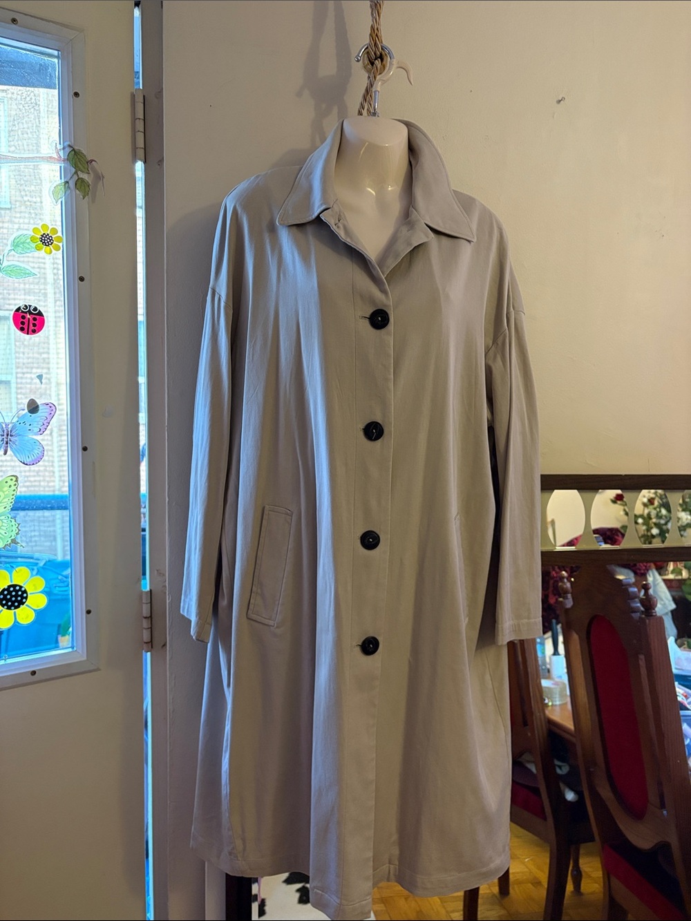 Zara Light Gray Trench Coat with Black Buttons. Cotton